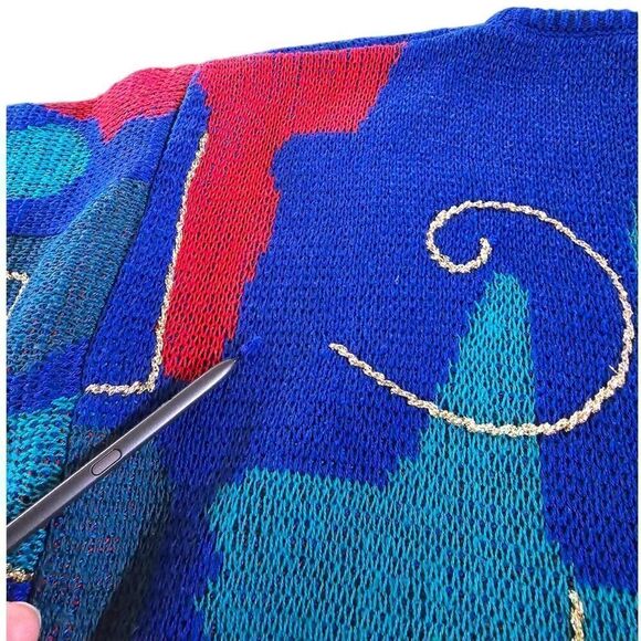 Vintage Michelle Stuart Petite Abstract 80s Knit Blue Sweater - Picture 7 of 7